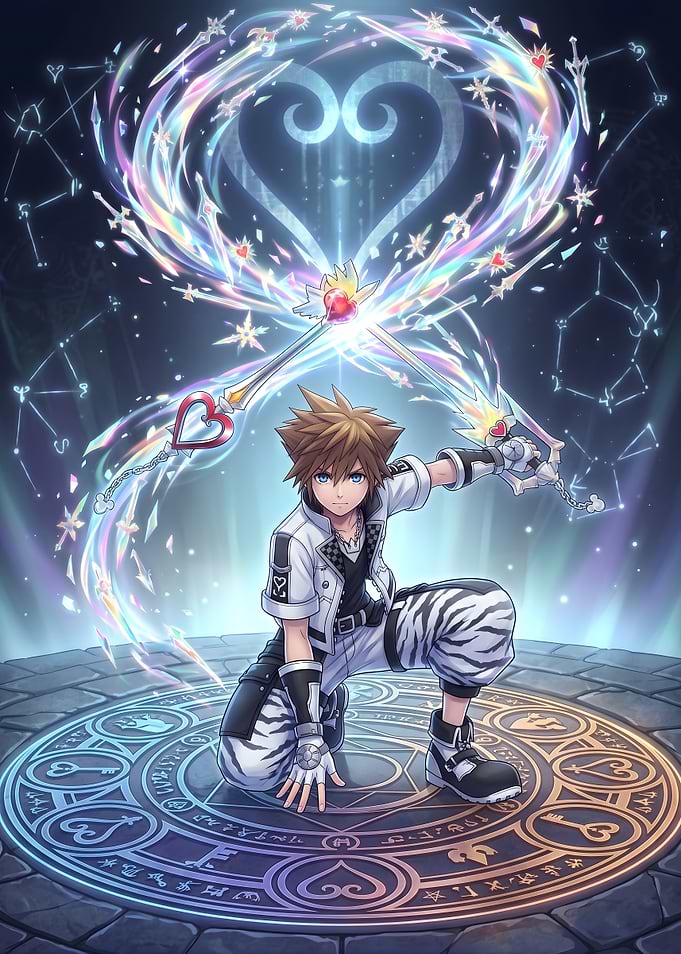 Kingdom Hearts Sora with Keyblades and Heart Symbol
