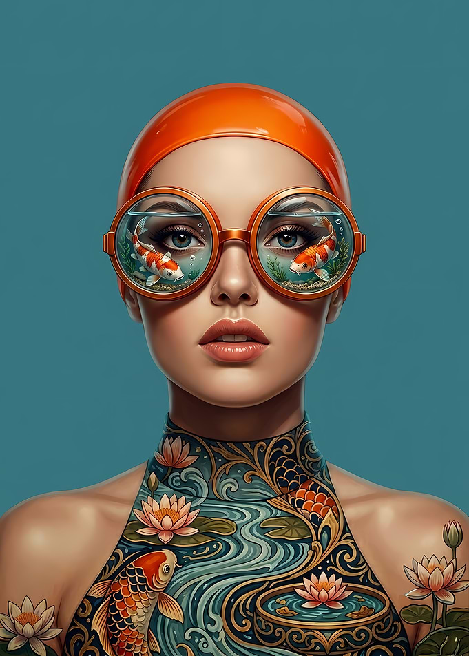 Woman with Koi Fish in Glasses