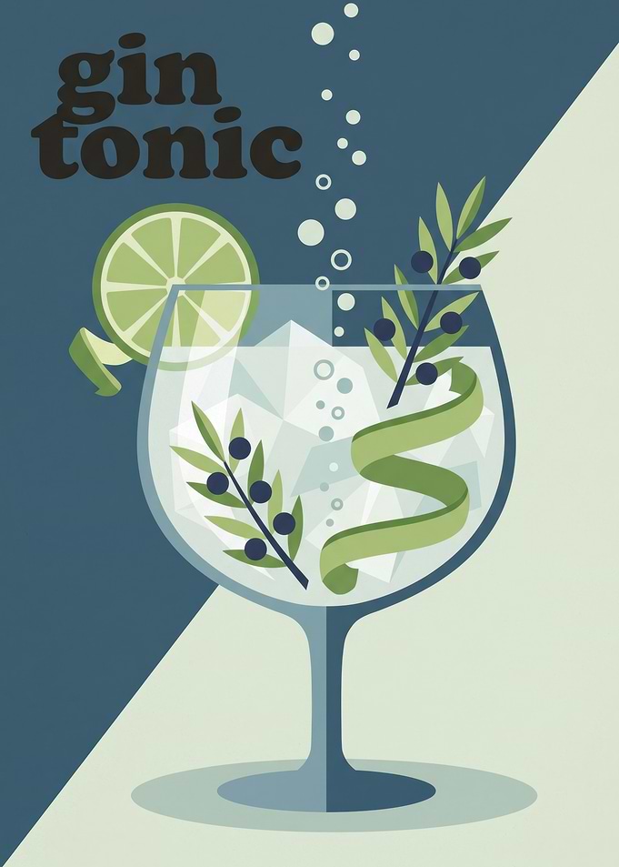 Botanical Gin Tonic Cocktail Illustration Blue Green Minimalist Bar Kitchen
