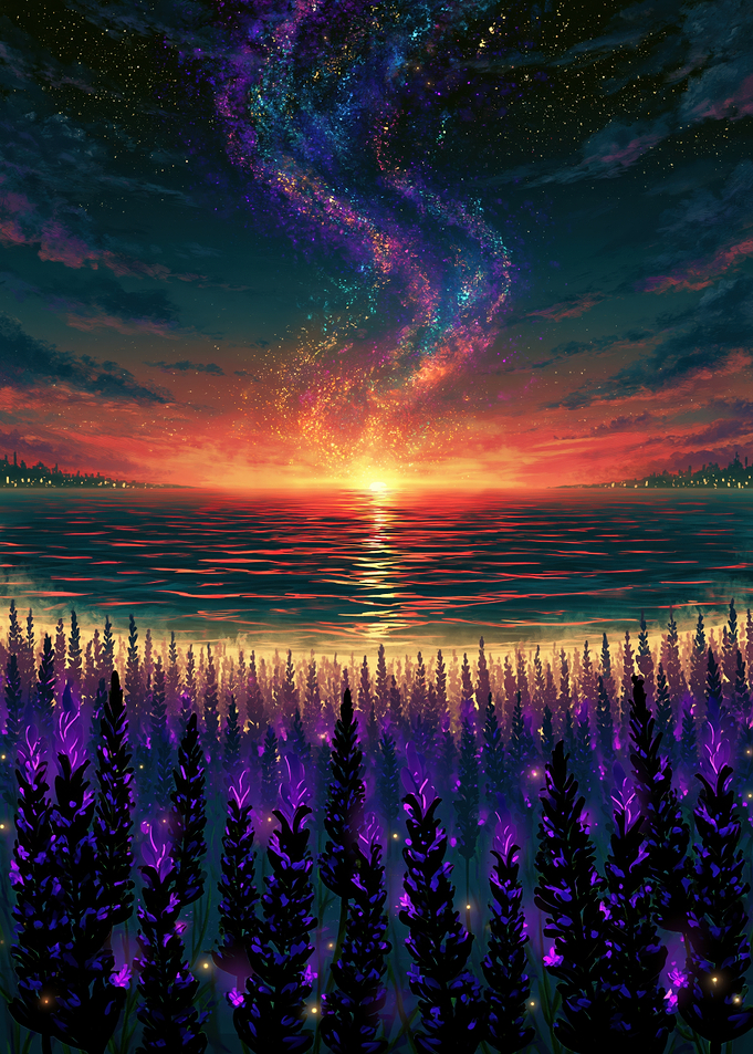 Cosmic Sunset Over Lavender Field
