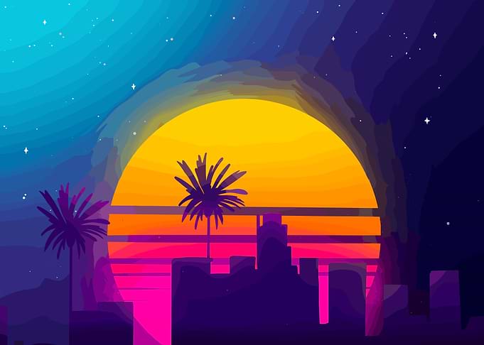 Retro Sunset Cityscape with Palm Trees