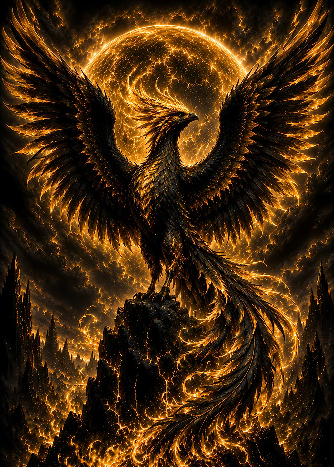 Fiery Phoenix Rising from a Volcanic Landscape