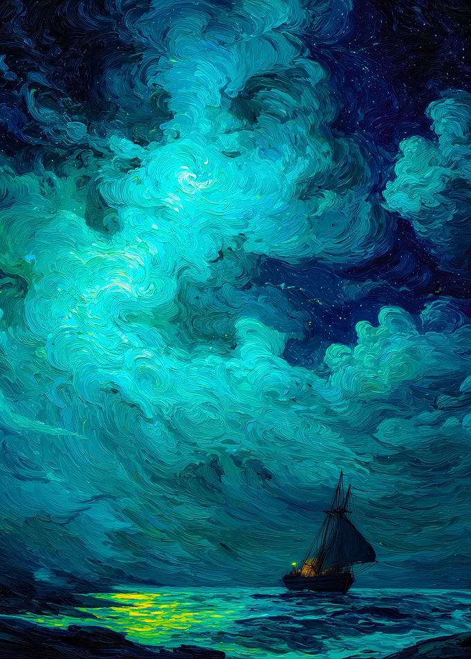 Sailboat in a stormy, starry night sky
