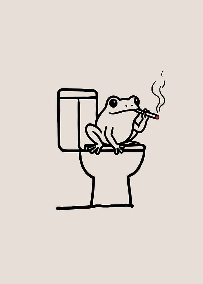 Frog Smoking a Cigarette on Toilet