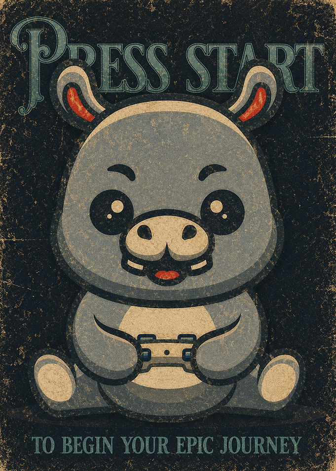 Cute Hippo Gamer Press Start