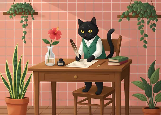 Black cat writing at a desk