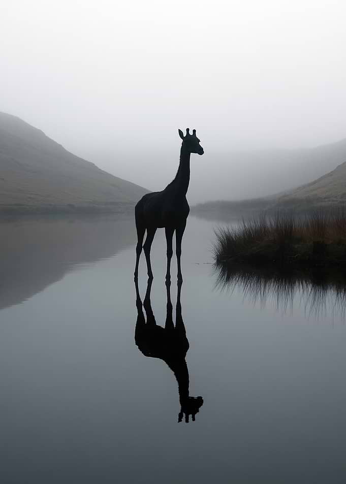 Giraffe Silhouette in Misty Lake