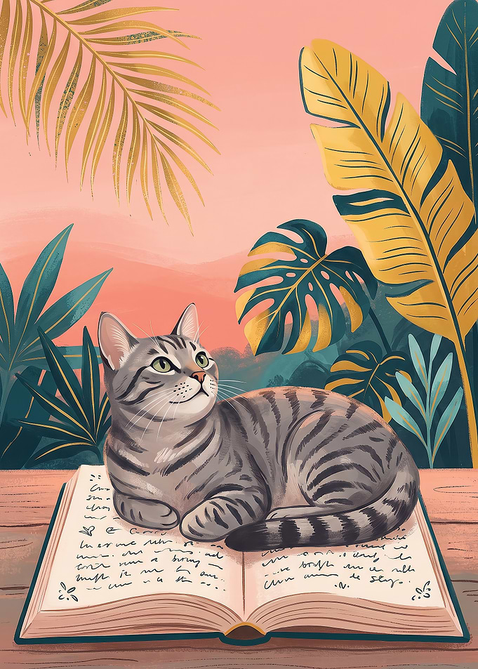 Cat on a book with tropical plants