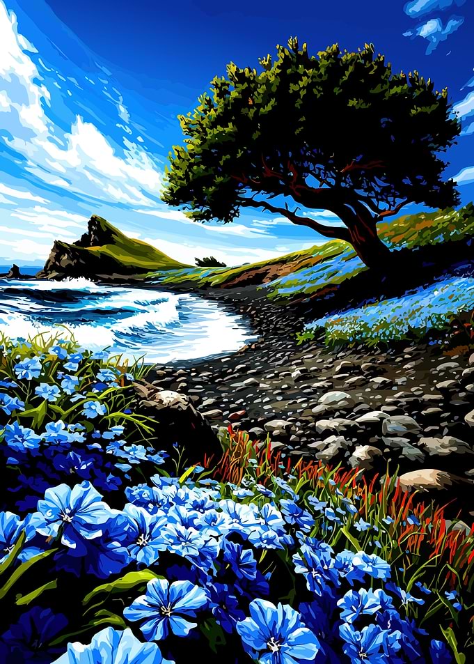 Coastal landscape with blue flowers and tree