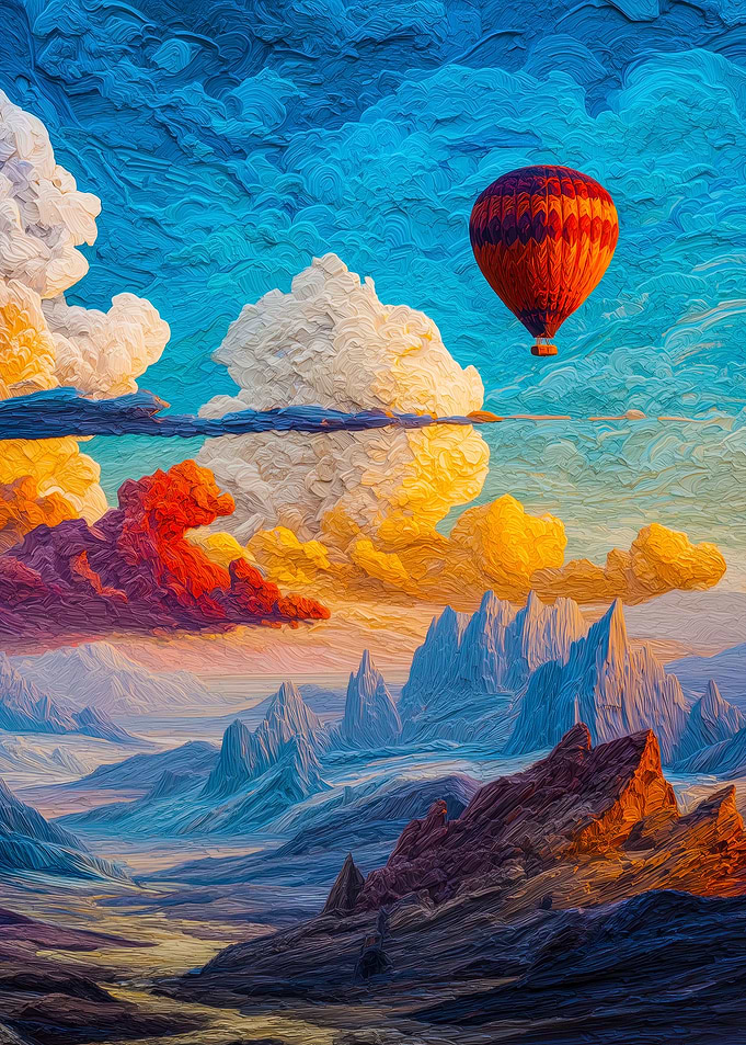 Hot Air Balloon Over Mountain Landscape