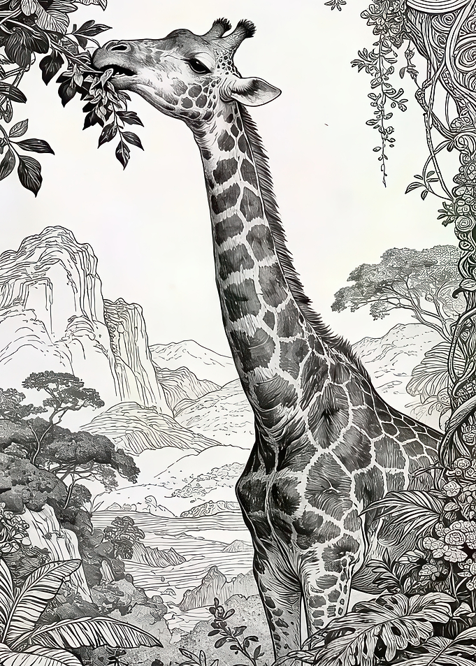 Giraffe Eating Leaves in a Lush Landscape