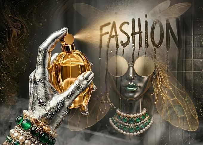 Silver Hand Sprays Perfume with Fashion Theme
