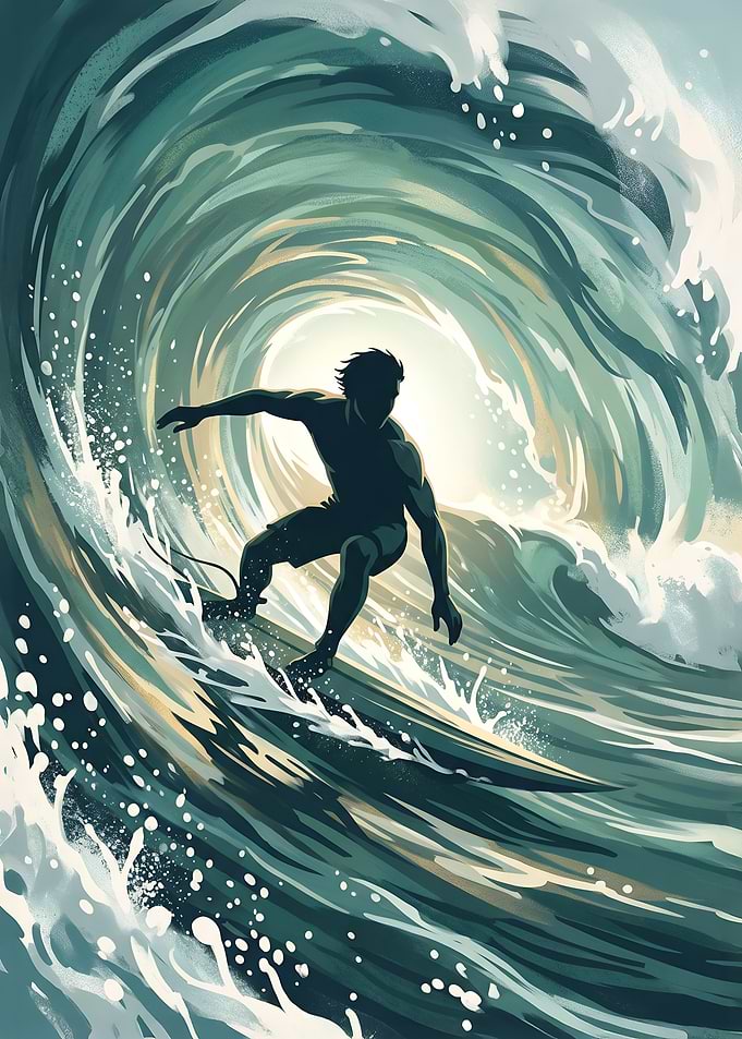 Surfer Riding Massive Ocean Barrel Wave