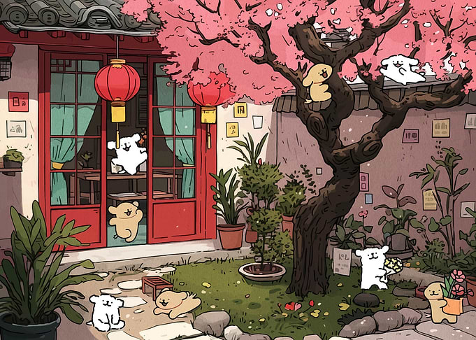 Cute Dogs in a Japanese Courtyard
