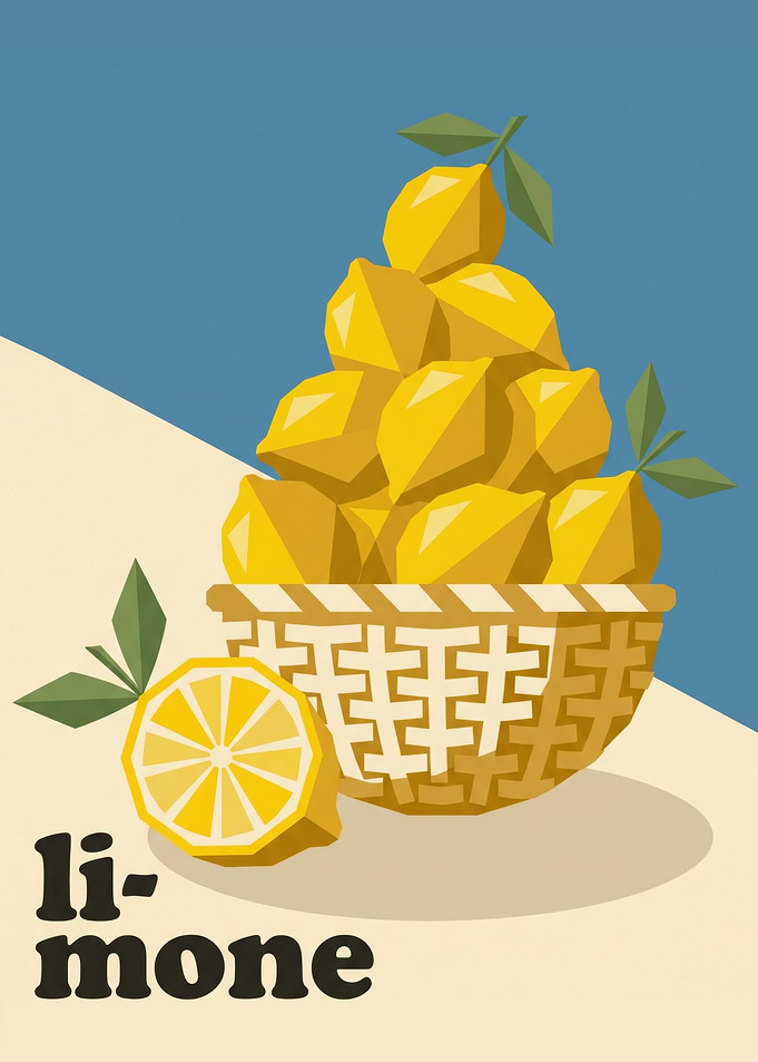 Yellow Lemon Basket Geometric Fruit Slice Minimalist Kitchen Foodie Gift