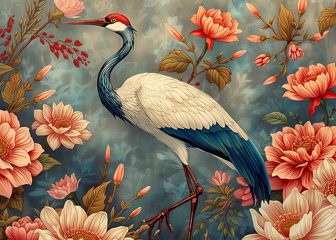 Crane surrounded by flowers