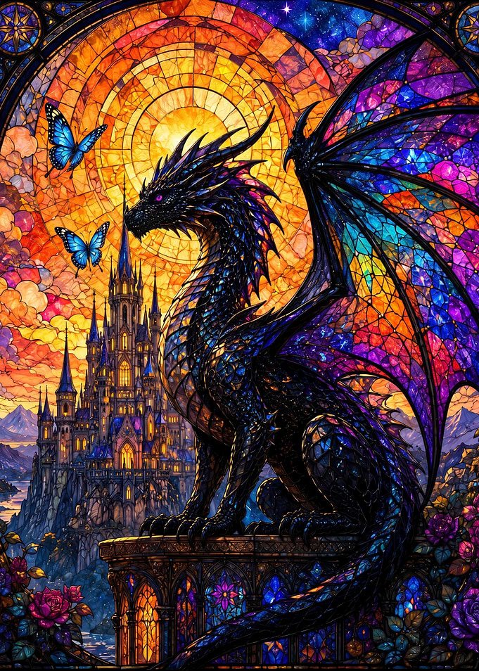 Dragon and Castle Stained Glass