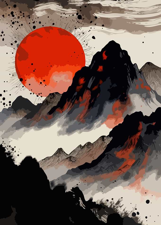 Volcanic Mountains Under a Red Sun