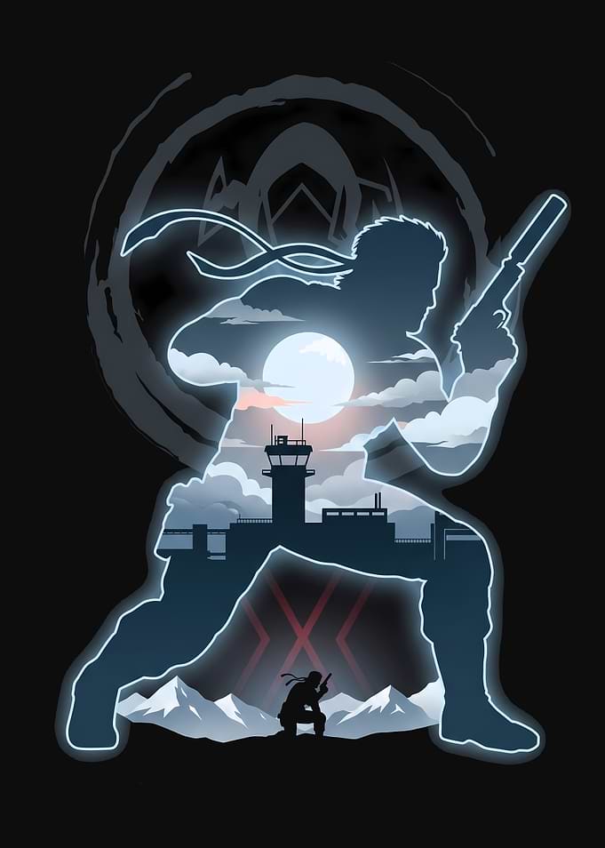 Solid Snake Silhouette with Moonlit Landscape