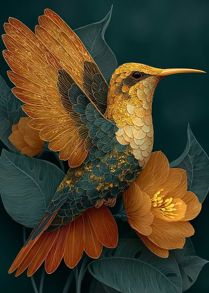 Golden Hummingbird with Orange Flowers