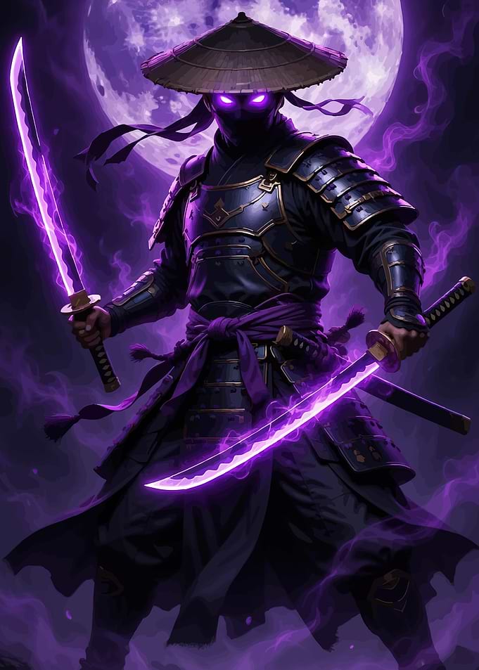 Ninja with glowing swords and moon