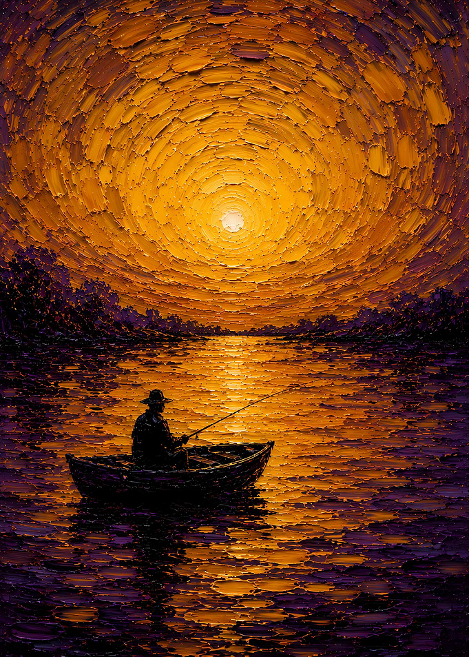Fisherman in a boat at sunset