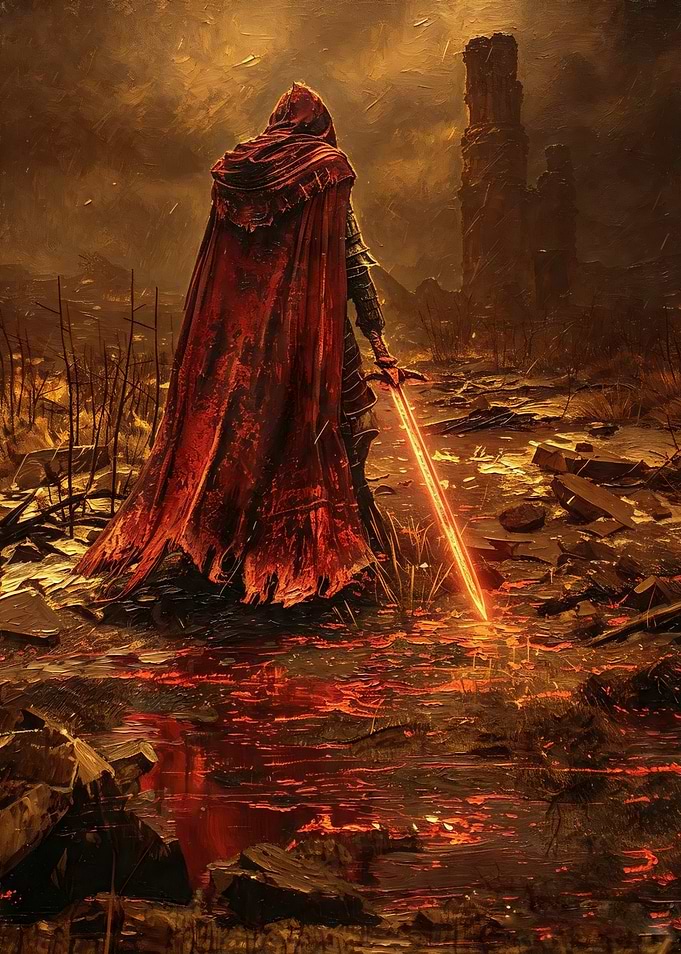 Hooded Figure with Fiery Sword