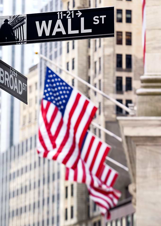 Wall Street Sign and American Flags