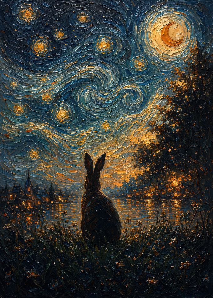 Rabbit Gazing at Starry Night Sky