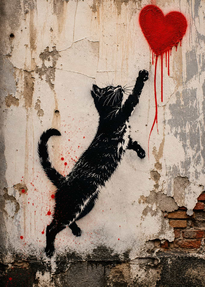 Black cat reaching for red heart
