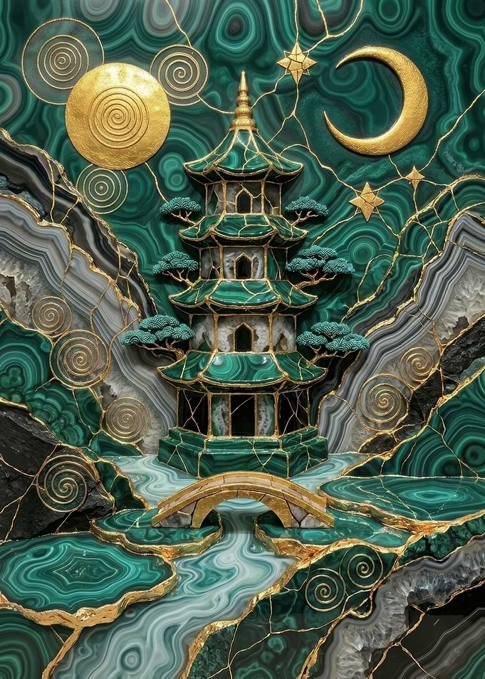 Malachite Pagoda Landscape with Moon and Stars