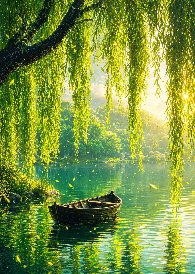 Serene Lake with Willow Tree and Boat