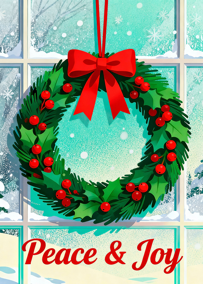 Christmas Wreath with 'Peace & Joy' Text