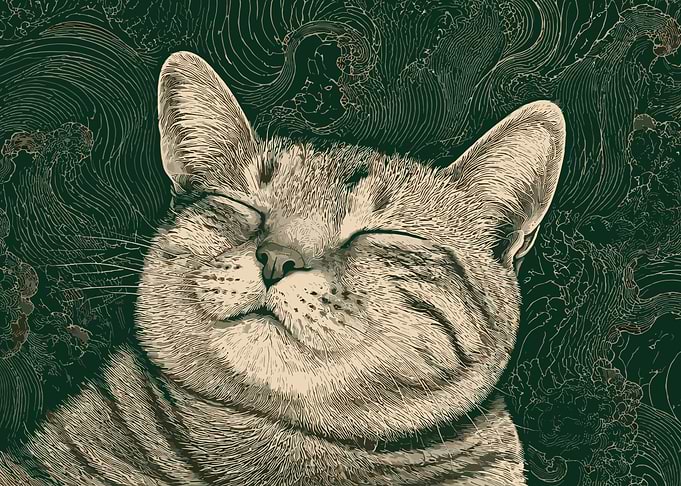 Cat with Japanese Wave Background