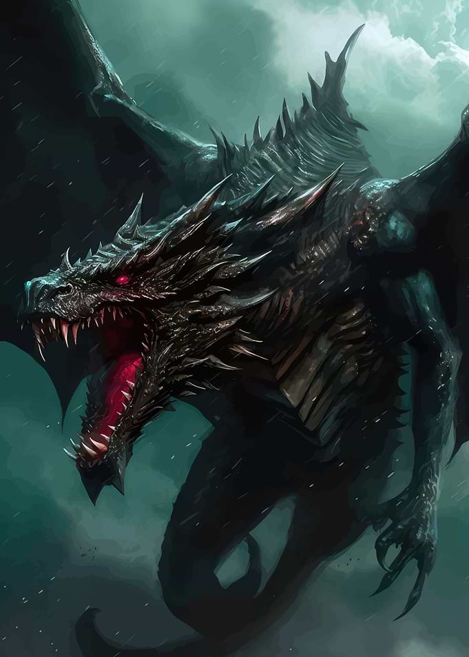 Fierce Black Dragon in Stormy Weather