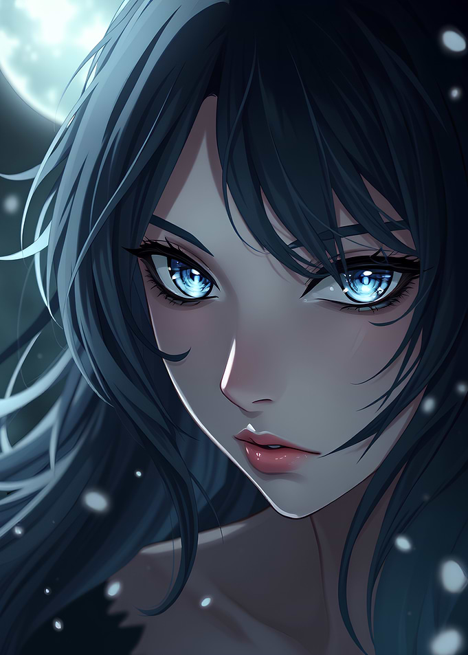 Anime Girl with Blue Eyes Under Moon