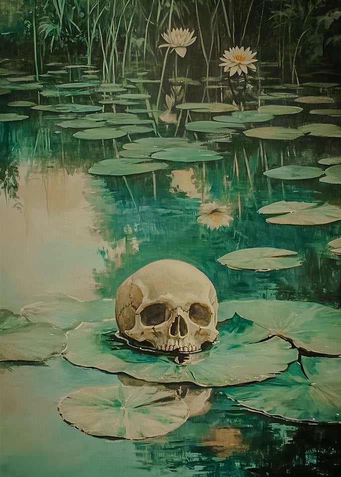 Skull on Lily Pads in a Pond
