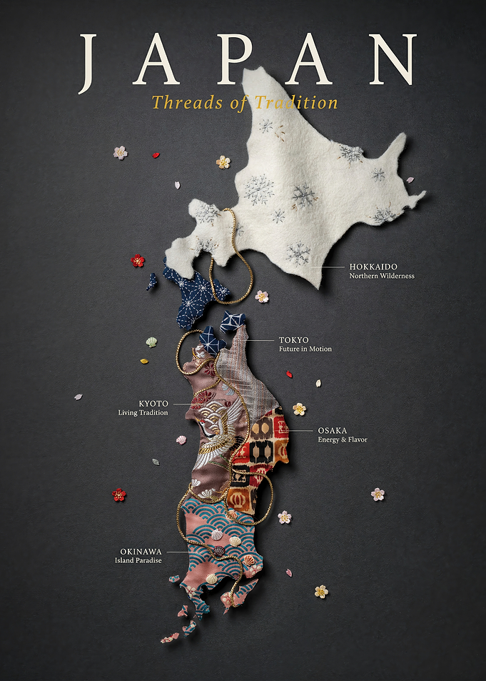 Japan Map Threads of Tradition Travel Poster