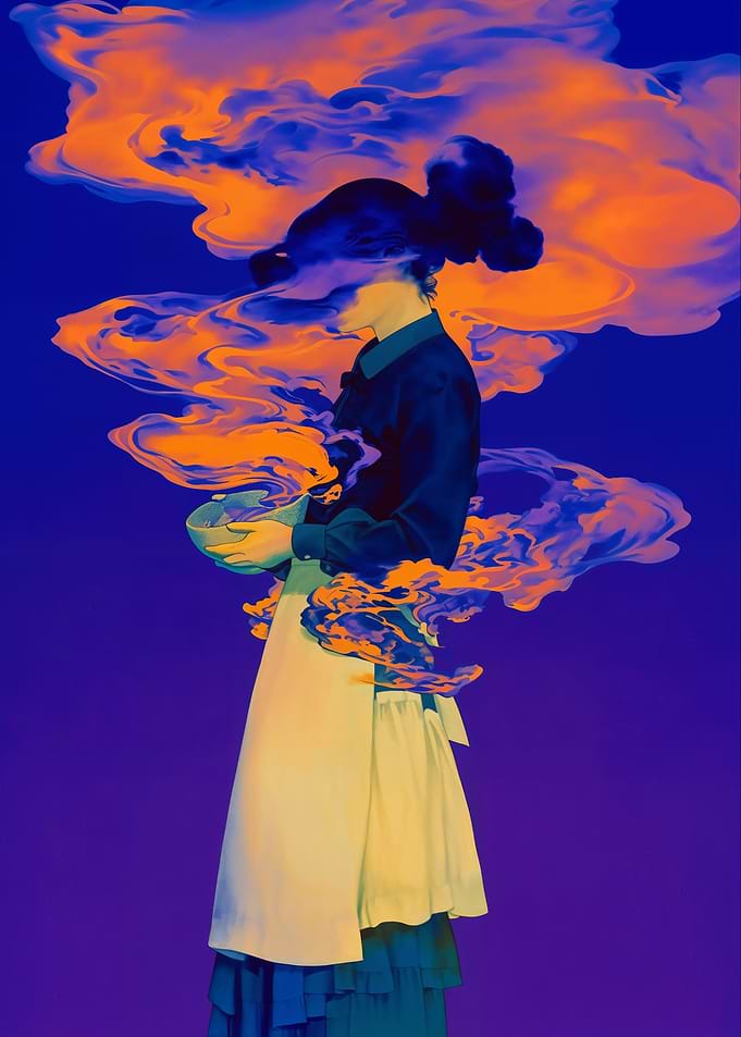 Woman in traditional Korean attire with swirling smoke