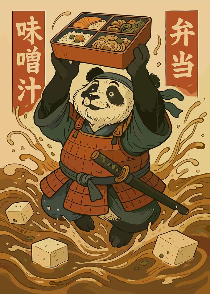 Samurai Panda Bento Poster - Japanese Ukiyo-e Inspired Animal Wall Art