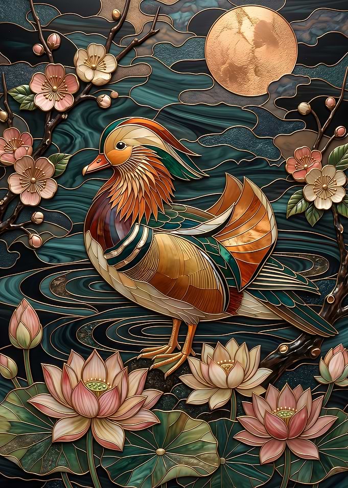 Mandarin Duck with Lotuses and Moon