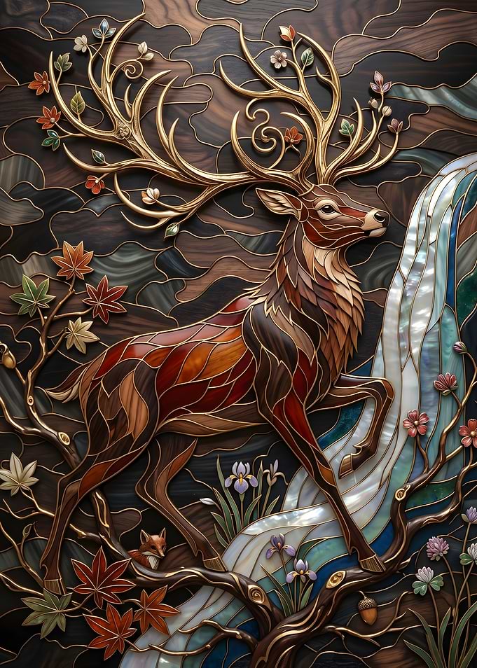 Deer by Waterfall Stained Glass