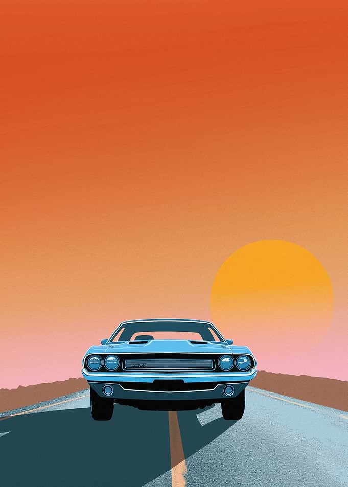 Retro Car Driving into Sunset