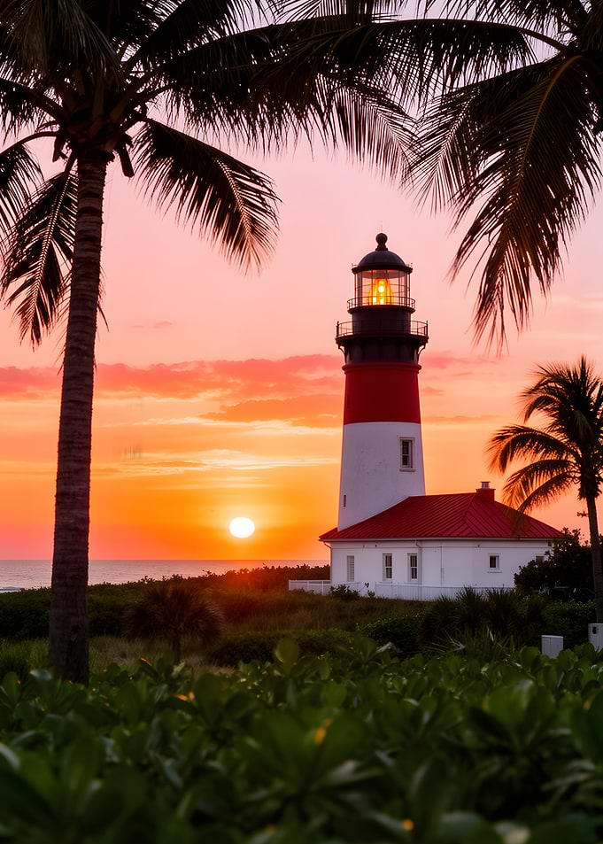 Lighthouse at sunset with palm trees