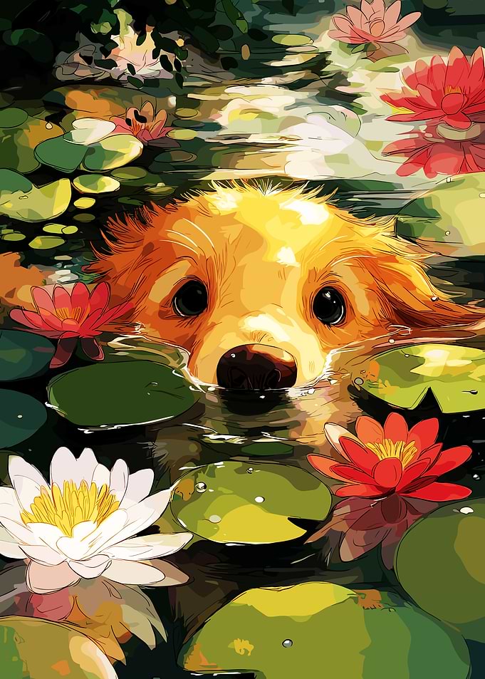 Golden Retriever Puppy in Water Lilies