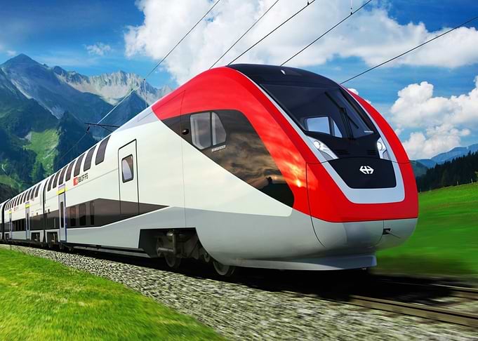 Modern Swiss Train in Mountains