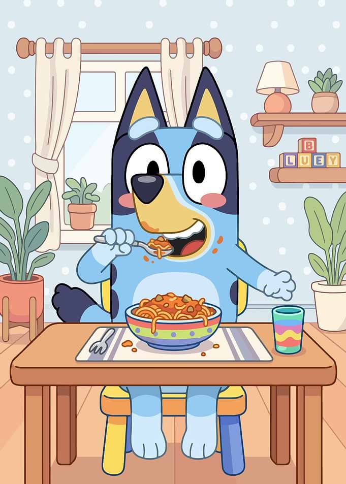 Bluey eating spaghetti