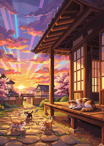 Kittens and Cat in Japanese Village Sunset