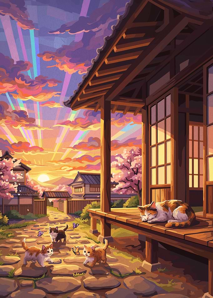 Kittens and Cat in Japanese Village Sunset