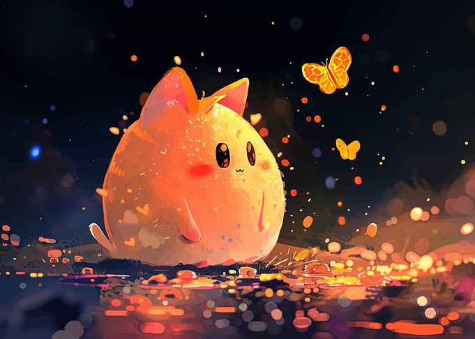 Cute Cat Character with Butterflies